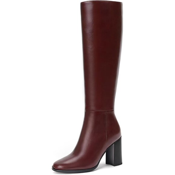 Women's Burgundy Knee High Boots Round Toe Side Zip Chunky Heel Rubber